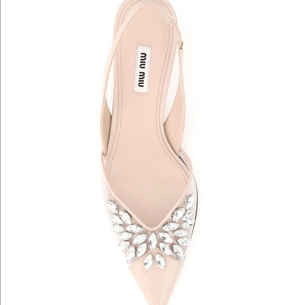 ISO MIU MIU VINYL PATENT SLINGBACK PUMPS CRYSTALS